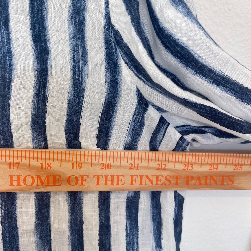 Chicos Linen Shirt sz 3 US 16 White Navy Striped No Iron Button Up Coastal Chic - Picture 3 of 7